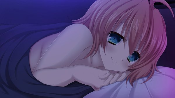 Anime picture 1280x720 with furuiro meikyuu rondo short hair wide image game cg lying orange hair multicolored eyes girl