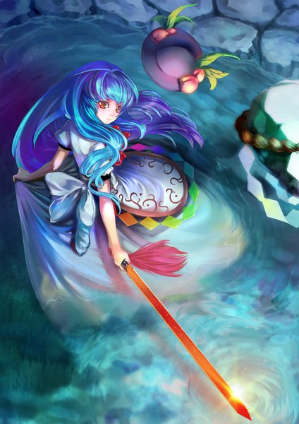 Anime picture 1400x1980 with touhou hinanawi tenshi st.microscope single long hair tall image red eyes blue hair girl dress weapon hat sword water hisou no tsurugi