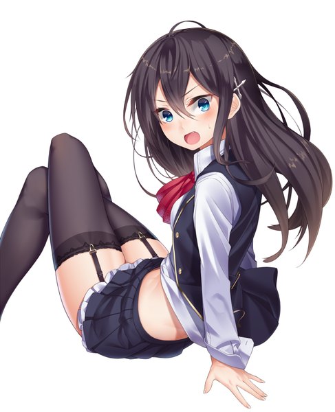 Anime picture 650x800 with original ray-akila single long hair tall image blush open mouth light erotic black hair simple background white background bent knee (knees) pleated skirt looking back from behind open clothes teeth fang (fangs) open shirt crossed legs