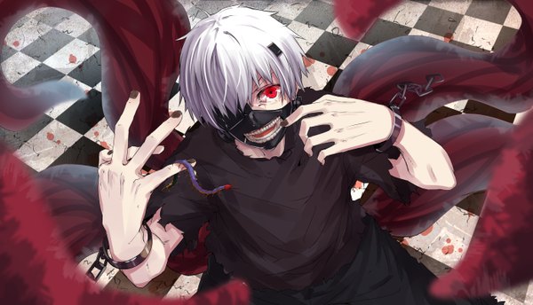 Anime picture 1392x800 with tokyo ghoul studio pierrot kaneki ken byakuya reki single looking at viewer short hair open mouth red eyes wide image silver hair nail polish from above checkered floor floor covering eye (eyes) boy insect chain mask