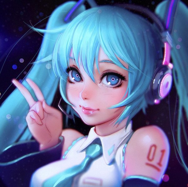 イラスト 1125x1118 と ボーカロイド 初音ミク イリヤ・クブシノブ ソロ 長髪 カメラ目線 赤面 前髪 青い目 笑顔 hair between eyes ツインテール 肩出し 青い髪 upper body arm up lips realistic 刺青 ピースサイン