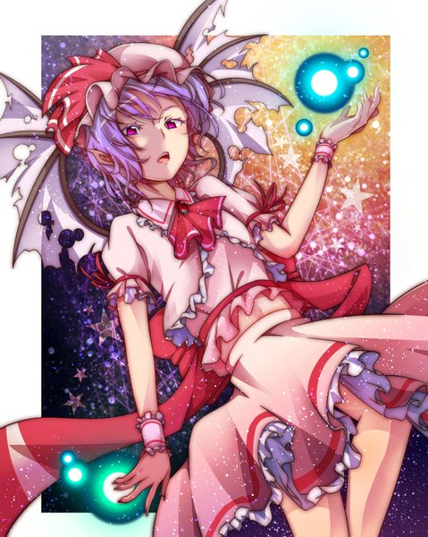 Anime picture 1357x1700 with touhou remilia scarlet mizuki (ekakichan) single tall image short hair open mouth purple eyes purple hair midriff girl dress skirt miniskirt wings star (symbol) bonnet