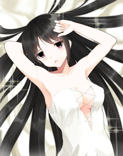 Anime picture 800x1010 with original iori (cpeilad) single long hair tall image looking at viewer breasts light erotic black hair simple background red eyes white background girl dress