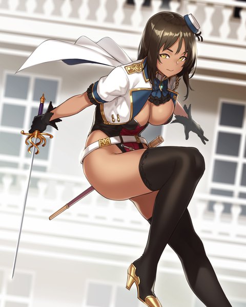 Anime picture 1000x1250 with original houtengeki single tall image looking at viewer short hair breasts light erotic smile brown hair yellow eyes cleavage leaning leaning forward dark skin spread arms girl thighhighs gloves weapon