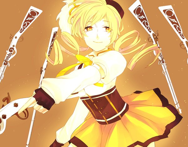 Anime picture 1800x1417 with mahou shoujo madoka magica shaft (studio) tomoe mami kyama single long hair highres simple background blonde hair smile twintails yellow eyes drill hair brown background girl gloves bow ribbon (ribbons) weapon fingerless gloves