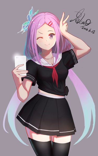 Anime picture 2037x3260 with original pkq single long hair tall image looking at viewer blush highres simple background smile purple eyes twintails holding signed pink hair pleated skirt one eye closed multicolored hair wink grey background