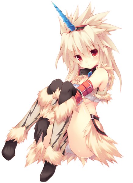 Anime picture 1000x1376 with monster hunter kirin (armor) monster hunter (character) any (trueblue) single long hair tall image looking at viewer fringe light erotic simple background blonde hair smile red eyes white background sitting bare shoulders full body bent knee (knees) ass