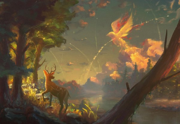 Anime picture 3500x2412 with original sylar113 highres absurdres sky cloud (clouds) sunlight no people fantasy plant (plants) animal tree (trees) bird (birds) grass forest deer