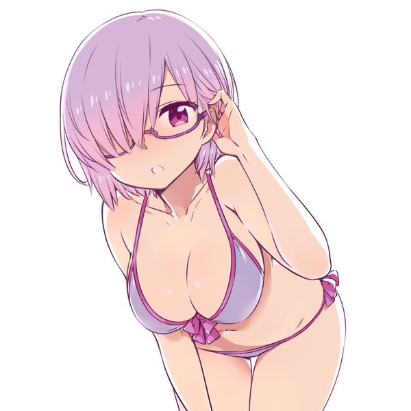 Anime picture 1000x1000 with fate (series) fate/grand order mash kyrielight chan co single looking at viewer fringe short hair breasts open mouth light erotic white background purple eyes purple hair hair over one eye leaning leaning forward adjusting hair girl underwear