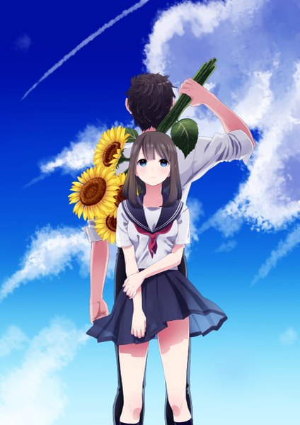 Anime picture 849x1200 with original musco long hair tall image looking at viewer fringe short hair breasts blue eyes black hair standing holding sky cloud (clouds) pleated skirt wind from behind twisty sleeves girl boy