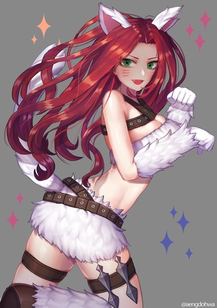 Anime picture 707x1000 with league of legends katarina (league of legends) hanato (seonoaiko) single long hair tall image looking at viewer blush breasts open mouth light erotic simple background smile large breasts standing bare shoulders green eyes signed animal ears red hair