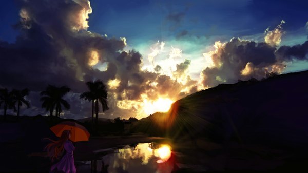 Anime picture 1000x563 with original yi lan (artist) single long hair blue eyes wide image sky cloud (clouds) red hair evening reflection sunset scenic morning sunrise girl dress plant (plants) tree (trees) water
