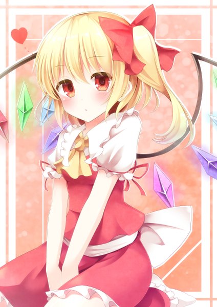 Anime picture 868x1228 with touhou flandre scarlet aibumi single tall image looking at viewer blush short hair blonde hair red eyes one side up girl dress skirt bow hair bow wings skirt set crystal