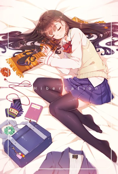 Anime picture 1000x1472 with original fangxiang cuoluan single long hair tall image blush black hair eyes closed sleeping thighhighs skirt uniform black thighhighs school uniform book (books) school bag mobile phone