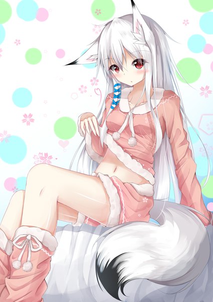 Anime picture 2508x3541 with original masa000010 single long hair tall image looking at viewer blush fringe highres hair between eyes red eyes sitting animal ears bent knee (knees) white hair tail animal tail arm support fox ears shiny skin