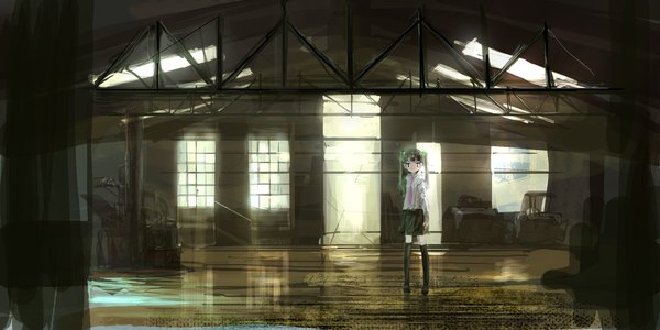 Anime picture 2000x1000 with lm7 (op-center) highres wide image twintails indoors landscape girl thighhighs skirt necktie