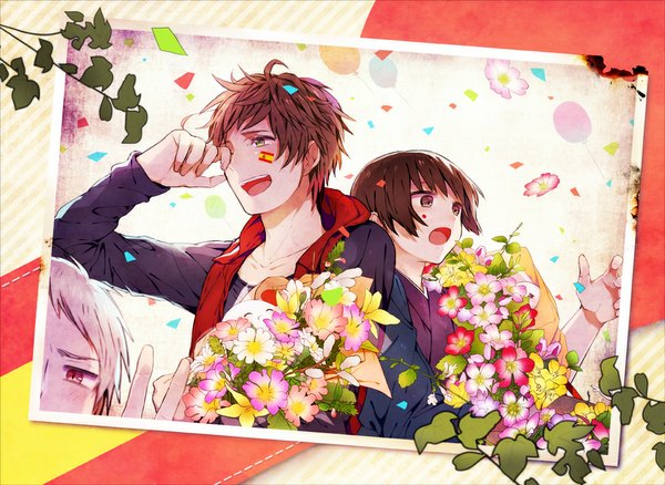 Anime picture 1000x730 with axis powers hetalia studio deen japan (hetalia) prussia (hetalia) spain (hetalia) zat (pixiv84455) short hair open mouth red eyes brown hair brown eyes green eyes silver hair white hair traditional clothes japanese clothes from behind multiple boys laughing boy