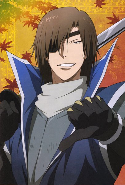 Anime picture 1164x1720 with sengoku basara production i.g date masamune single tall image short hair brown hair scan grey eyes boy gloves armor eyepatch