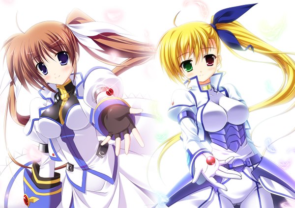 Anime picture 1412x1000 with mahou shoujo lyrical nanoha mahou shoujo lyrical nanoha strikers takamachi nanoha takamachi vivio sacred heart raising heart endori long hair blush simple background blonde hair brown hair white background purple eyes multiple girls ponytail heterochromia side ponytail girl dress