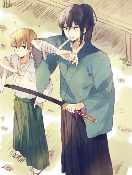 Anime picture 800x1061 with gintama sunrise (studio) hijikata toshiro okita sougo 234 (1234!) long hair tall image fringe short hair black hair blonde hair hair between eyes brown eyes looking away ponytail traditional clothes japanese clothes black eyes multiple boys boy