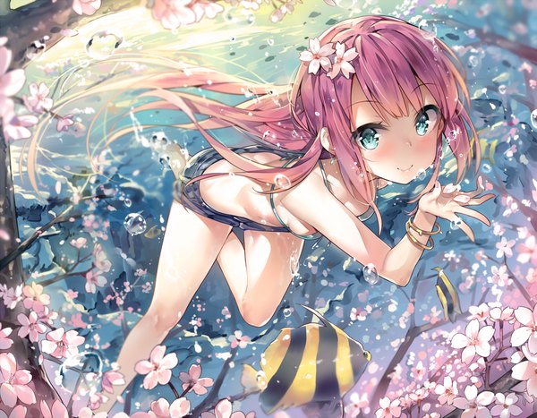 Anime picture 1200x934 with original yuran (cozyquilt) single long hair looking at viewer blush blue eyes smile purple hair hair flower underwater girl hair ornament flower (flowers) swimsuit animal bikini petals shorts short shorts