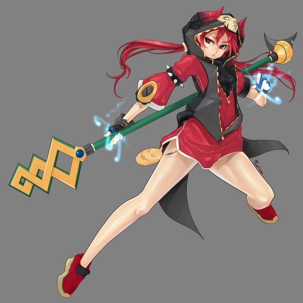 Anime picture 1800x1800 with dungeon and fighter caooll (co-ohol) single long hair fringe highres simple background red eyes twintails holding red hair horn (horns) pointy ears legs magic girl gloves weapon fingerless gloves hood