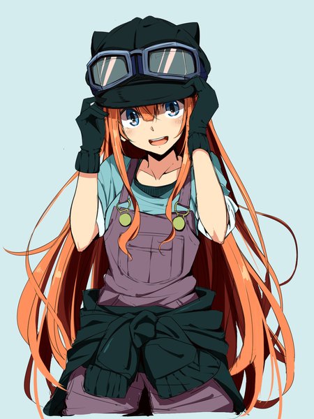 Anime picture 1200x1600 with original amano tora kazenoko single long hair tall image looking at viewer blush fringe open mouth blue eyes simple background smile hair between eyes standing head tilt orange hair blue background adjusting hat goggles on head