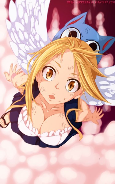 Anime picture 1064x1700 with fairy tail lucy heartfilia happy (fairy tail) designerrenan long hair tall image open mouth light erotic blonde hair yellow eyes pleated skirt black eyes tattoo coloring smoke flying girl skirt animal cat