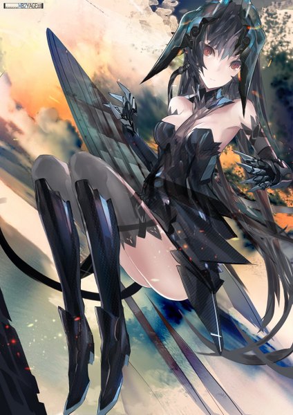 Anime picture 1000x1415 with original kiwamu single long hair tall image looking at viewer black hair bare shoulders brown eyes cloud (clouds) flying falling mecha musume girl gloves wings elbow gloves thigh boots