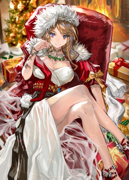 Anime picture 786x1100 with original ranou single long hair tall image looking at viewer breasts light erotic smile brown hair large breasts purple eyes cleavage fur trim crossed legs christmas girl dress hat white dress