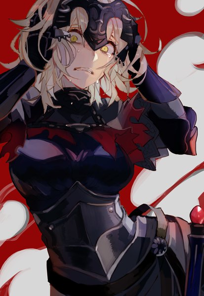 Anime picture 685x995 with fate (series) fate/grand order jeanne d'arc (fate) (all) jeanne d'arc alter (fate) kibadori rue single tall image looking at viewer short hair blonde hair yellow eyes upper body tears crying hands on head girl armor
