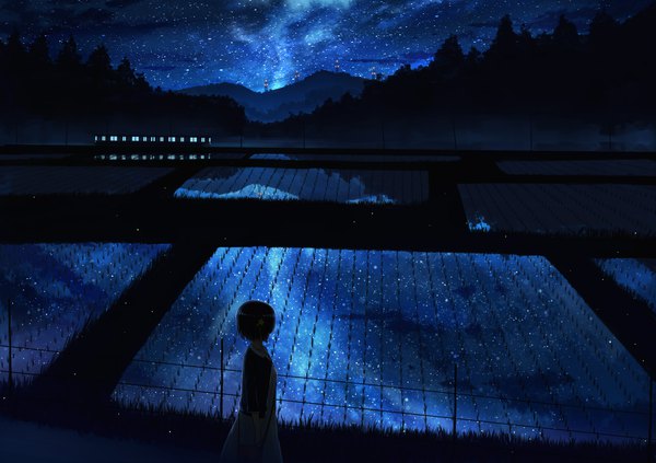 Anime picture 2338x1652 with original gensuke (ryun) single highres short hair black hair looking away from above night night sky reflection mountain milky way girl plant (plants) tree (trees) water hairclip star (stars) bag