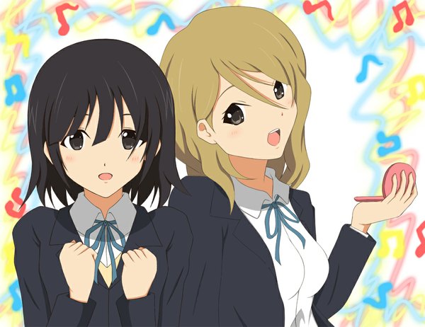 Anime picture 1000x771 with k-on! kyoto animation tachibana himeko sunahara yoshimi minatsuki nao looking at viewer blush short hair open mouth black hair blonde hair multiple girls black eyes girl uniform 2 girls school uniform