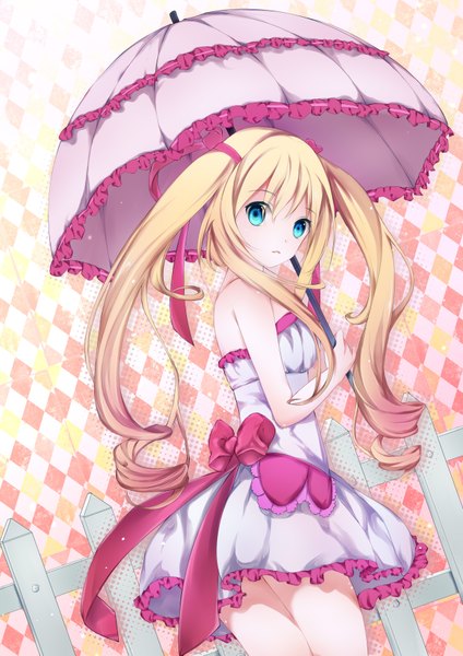 Anime picture 2480x3507 with original hizo (hizoo) single long hair tall image highres blue eyes blonde hair twintails looking back girl dress bow umbrella