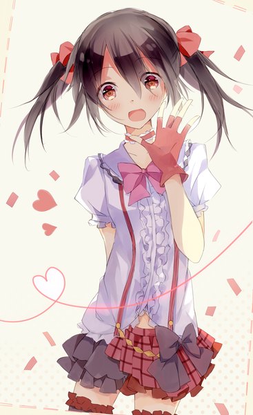 Anime picture 700x1144 with love live! school idol project sunrise (studio) love live! yazawa nico uni (plastic girl) single long hair tall image looking at viewer blush open mouth black hair twintails yellow eyes pleated skirt plaid skirt heart of string girl thighhighs skirt