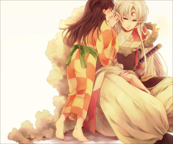 Anime picture 1200x998 with inuyasha sesshomaru rin (inuyasha) komasawa (fmn-ppp) long hair blush simple background brown hair white background sitting yellow eyes white hair eyes closed traditional clothes japanese clothes barefoot pointy ears facial mark girl boy