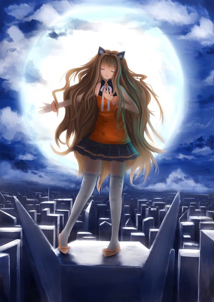 Anime picture 1448x2048 with vocaloid seeu single long hair tall image open mouth brown hair standing bare shoulders animal ears sky cloud (clouds) eyes closed pleated skirt cat ears city singing girl thighhighs skirt