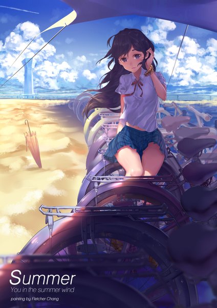 Anime picture 2480x3507 with original yimn-fletcher single long hair tall image highres blue eyes black hair sitting sky cloud (clouds) condensation trail girl skirt shirt umbrella ground vehicle bicycle