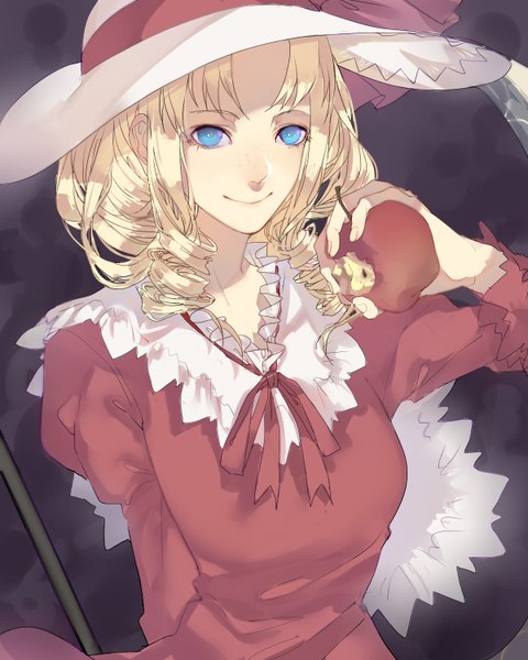 Anime picture 1200x1500 with touhou elly (touhou) tian (my dear) single tall image looking at viewer short hair blue eyes blonde hair smile drill hair girl dress hat fruit red dress apple hat ribbon