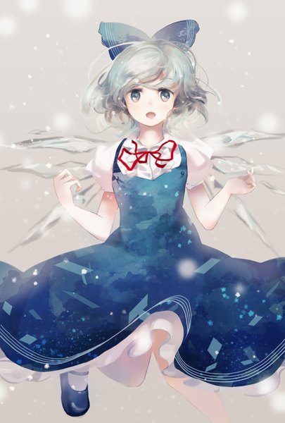 Anime picture 1000x1479 with touhou cirno jq single tall image looking at viewer blush short hair open mouth blue eyes grey hair snowing girl dress bow ribbon (ribbons) hair bow socks shoes white socks