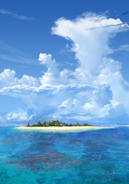 Anime picture 1400x2000 with original mugon tall image sky cloud (clouds) beach landscape sand plant (plants) tree (trees) water sea fish (fishes) palm tree house island coral