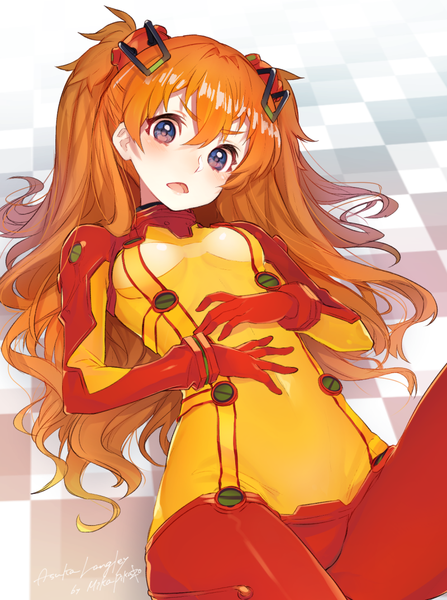 Anime picture 800x1074 with neon genesis evangelion gainax shikinami asuka langley mika pikazo single long hair tall image looking at viewer blush blue eyes twintails signed lying orange hair on back checkered floor floor girl gloves bodysuit