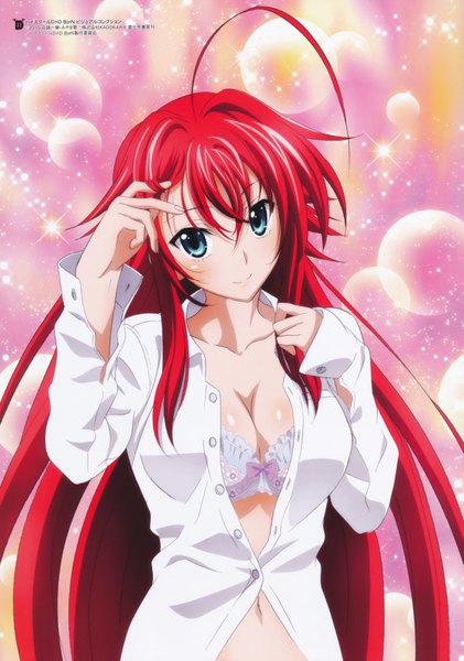 Anime picture 5070x7226 with highschool dxd rias gremory miyama zero single long hair tall image looking at viewer highres breasts blue eyes light erotic smile absurdres red hair scan official art girl shirt lingerie bra