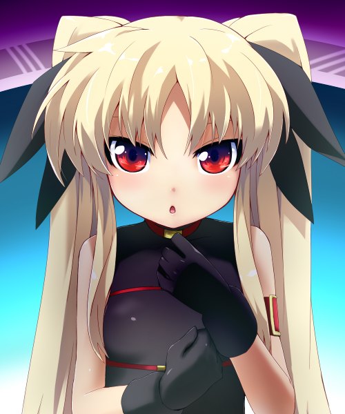 Anime picture 1000x1200 with mahou shoujo lyrical nanoha fate testarossa grune single long hair tall image looking at viewer open mouth blonde hair red eyes twintails girl gloves