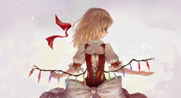 Anime picture 2584x1400 with touhou flandre scarlet tuzki single highres short hair blonde hair red eyes wide image puffy sleeves back spread arms girl dress bow ribbon (ribbons) wings crystal