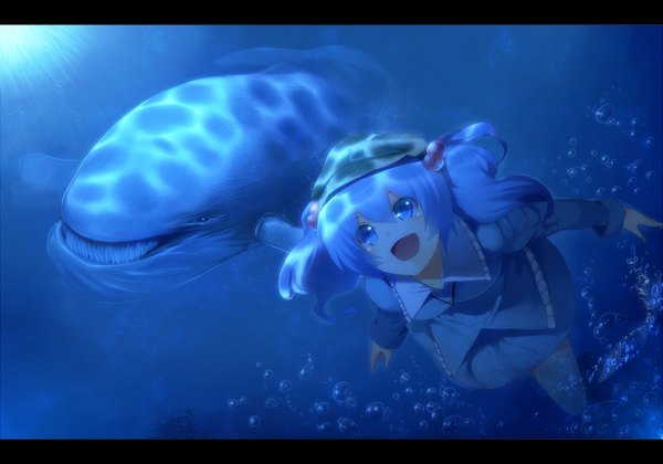 Anime picture 1400x980 with touhou kawashiro nitori irohara mitabi open mouth blue eyes blue hair letterboxed underwater girl skirt hat bubble (bubbles) skirt set whale