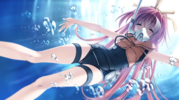 Anime picture 1280x720 with dolphin divers ogura minamo senomoto hisashi long hair wide image game cg red hair eyes closed underwater girl swimsuit bubble (bubbles) diving mask