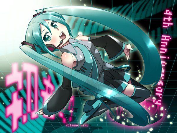 Anime picture 1600x1200 with vocaloid hatsune miku caffein single long hair open mouth twintails aqua eyes aqua hair girl thighhighs detached sleeves necktie thigh boots