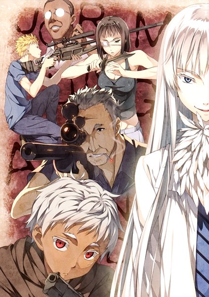 Anime picture 2467x3500 with jormungand white fox koko hekmatyar johnathan mar sofia valmer lehm lutz william nelson kantoku long hair tall image highres short hair blue eyes blonde hair red eyes brown hair multiple girls brown eyes white hair