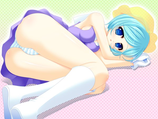 Anime picture 2000x1500 with dewprisim (game) highres blue eyes light erotic blue hair ass girl gloves underwear panties striped panties